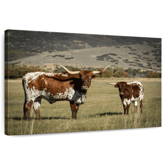 Elephant Stock Texas Longhorn And Its Calf Wall Art - Horizontal Canvas Wall Art - Living Room Wall Decor - Animal Canvas - Gray And Brown Decor - 12" x 8"