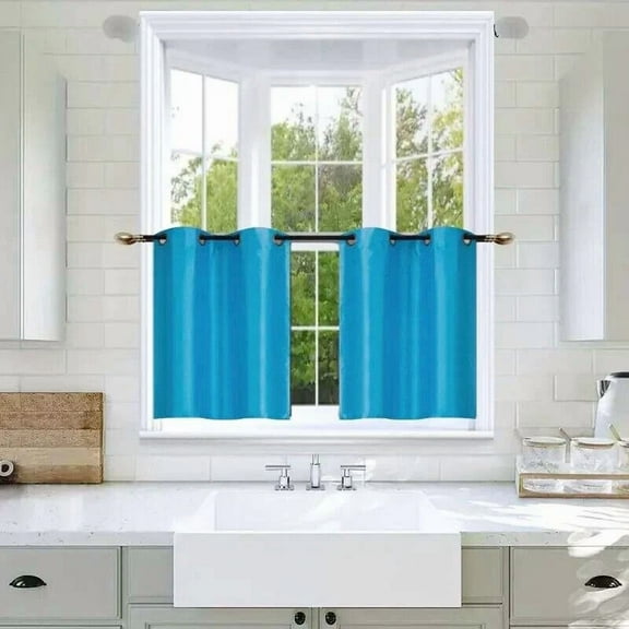 Gorgeous Home Linen D24 Aqua Blue 2-Piece Short Half Window Blackout Curtains