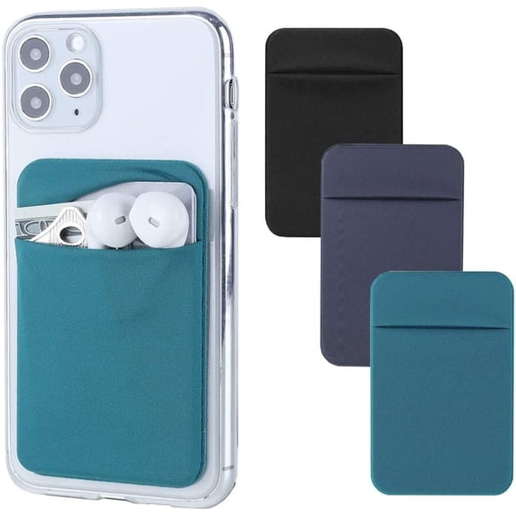 3Pack Cell Phone Card Holder for Back of Phone,Stretchy Stick on Wallet Pocket Credit ID Case Pouch Sleeve Self Adhesive Sticker iPhone Galaxy Android-Dark Green&Blue Gray&