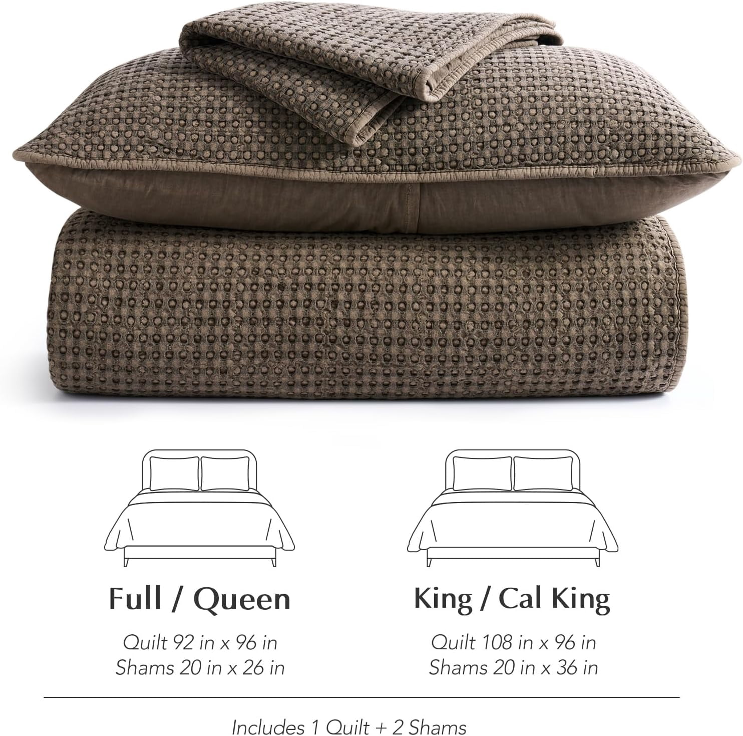 EverGrace Stonewashed 100% Natural Cotton Waffle Quilt Set King Size 3 Pieces, Durable, Textured & Substantial Bedding, Quilted Coverlet Bedspread with 2 Shams for All Seasons, Mushroom Brown