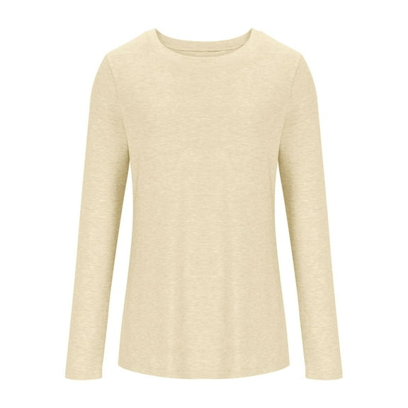 Htigea Womens Crew Neck Long Sleeve Shirts Casual Cozy Pullover Top Solid Fall Basic Tee Beige S