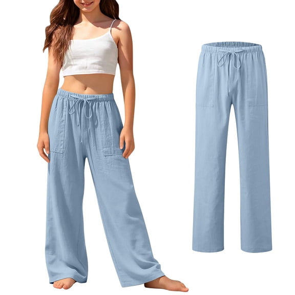 Girls Linen Pants - Breathable Baggy Wide Leg Flowy Pants High Waisted Loose Fit Comfy Beach Cover up Pants with Pockets
