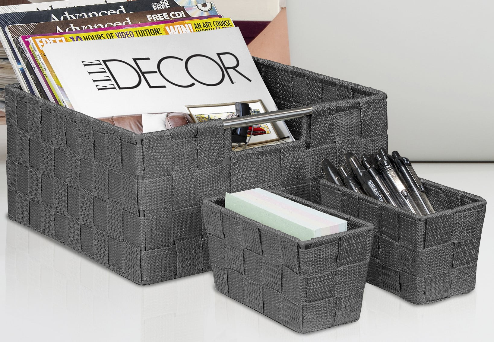 7 Piece Set Decorative & Durable Woven Fabric Storage Baskets, Shelf & Closet Organization - Gray
