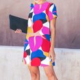 thumbnail image 4 of WaiiMak Femmes Décontracté Geo Print Robe Manches Courtes Genou Longueur Tunique Tshirt Robe Col Rond Couleur Bloc Robe Patchwork, 4 of 9