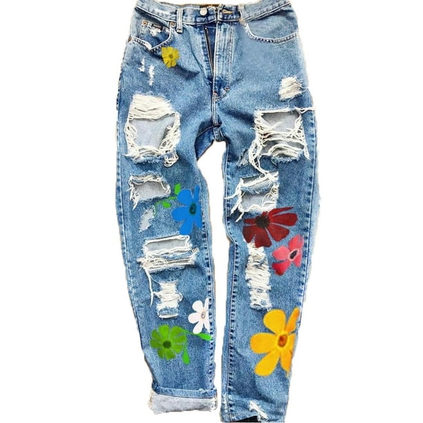 TheFound Women Ripped Jeans High Waist Floral Print Trousers Denim Pants