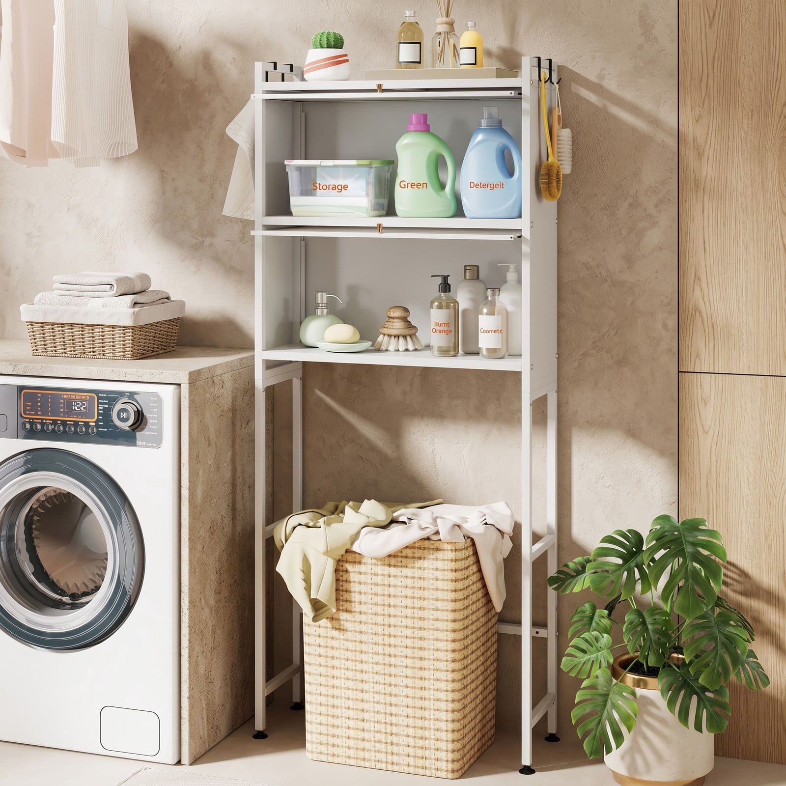 ALPULON Over the Toilet Cabinet Bathroom Organizer with 2 Flip-Up Fluted Door Cabinets and 4 Side Hooks for Storage, White