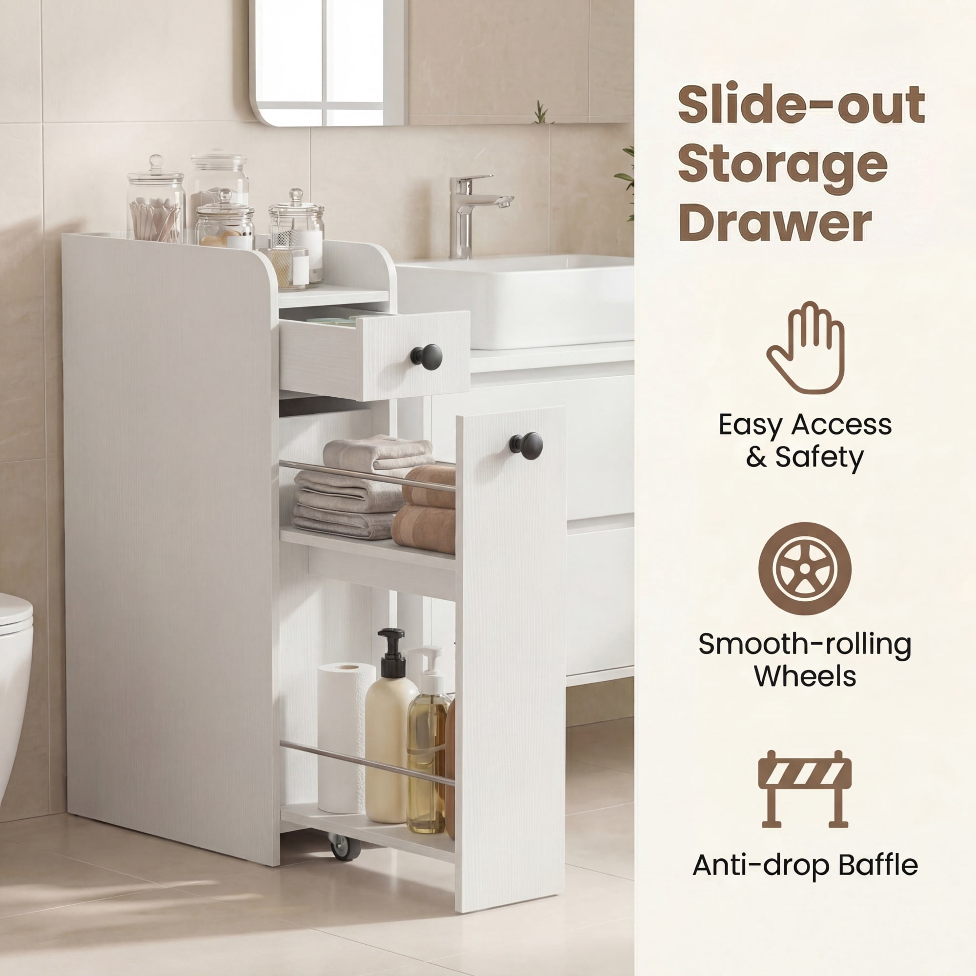 ELLEGNT Bathroom Storage Cabinet on Rolling Wheels – Slim Design, Slide-Out Drawer, Spacious Top, White