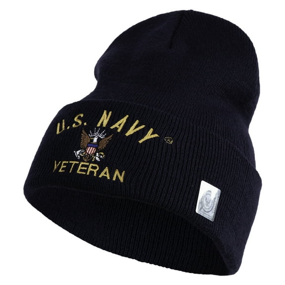 US Navy Veteran Military Embroidered 12 inch Cuffed Knit YP Long Beanie - Navy OSFM