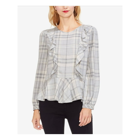 VINCE CAMUTO Womens Gray Ruffled Plaid Long Sleeve Jewel Neck Peplum Top  Size: S