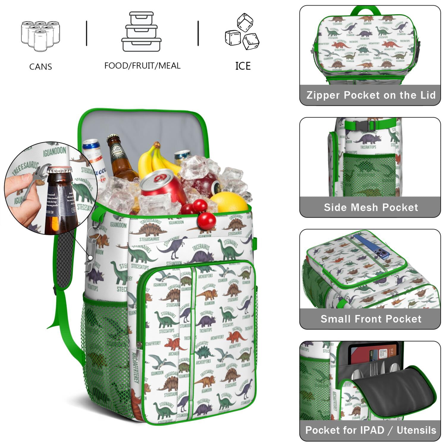 Travel Cooler Bag - White Cartoon Dinosaurs Names Pattern Camping Beer Cooler Backpack with Bottle Opener- Waterproof Insulated Picnic Backpacks - Cooler Bag for Beach