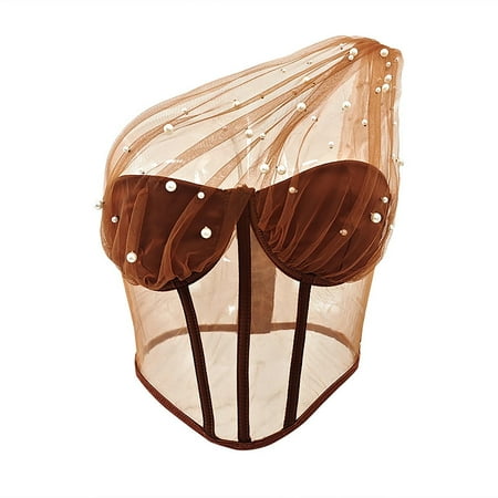 JGGSPWM Women s Pearl Embellished One Shoulder Sheer Corset Top Strapless Mesh Bustier Boned Back Crop Top Brown XL