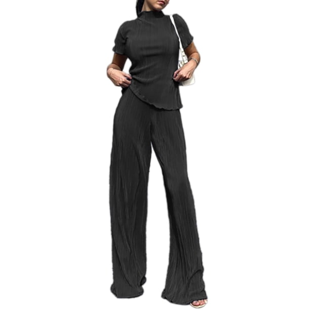 Txlixc Traje de mujer, camiseta de cuello alto de manga corta con traje de pantalones de piernas anchas Txlixc moda