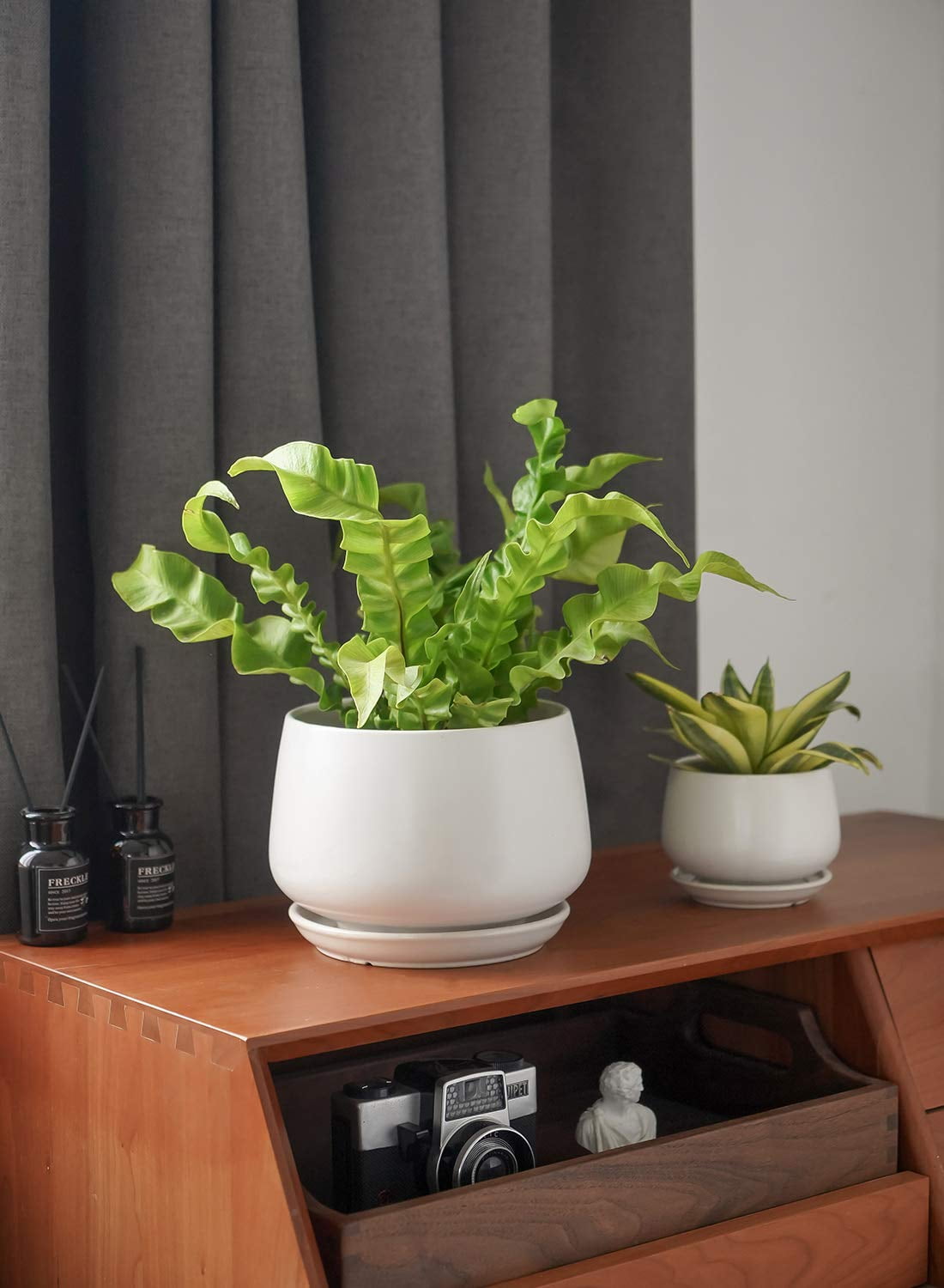 BEMAY Set of 3 Ceramic Plant Pots, 4.1" 5.1" 6.5" Indoor Planters with Drainage Hole and Saucer, White Round Flower Pots (Plants Not Included)