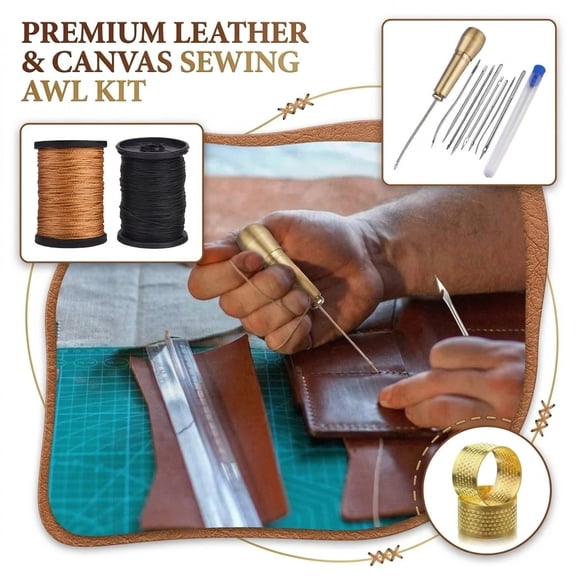 NovaStitch 9Pcs Sewing Awl Tool Set Leather Stitching Awl with Nylon Thread Heavy Duty Hand Sewing Needles for Canvas Upholstery Repair