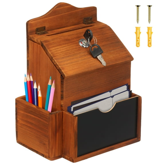 Wooden Suggestion Box Aesthetic Wall Mounted Wood Money Drop Box With Chalkboard and Key Lock for Office Customer Center School