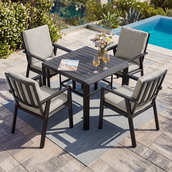 Nuu Garden 5-Piece Patio Dining Set with Umbrella Hole, Outdoor Dining Set Includes Square Patio Table and 4 Dining Chairs with Gray Cushions, Aluminum Patio Furniture Set for Garden Poolside, Black
