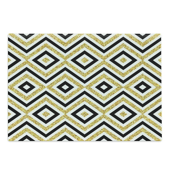 Geometric Cutting Board, Motif of Zig Zag and Squares Contemporary Design Art Print, Decorative Tempered Glass Cutting and Serving Board, Large Size, White Black and Yellow, by Ambesonne