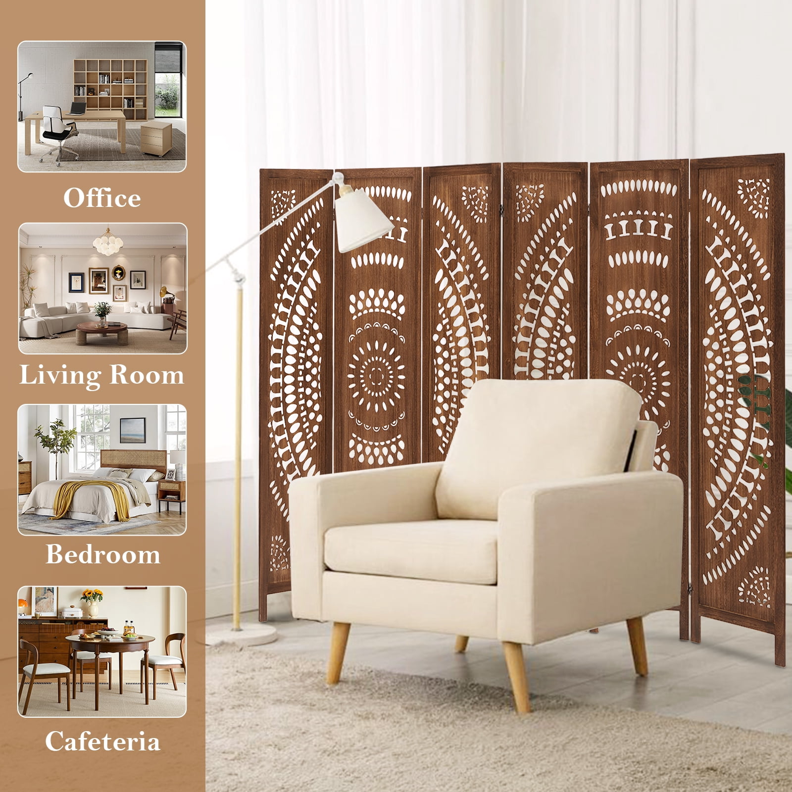 Aletheiawu 6 Panel Wood Carved Room Dividers and Folding Screens, No Mounting Require, Dark Brown