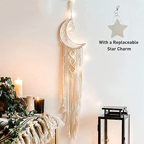 Boho Macrame Woven Wall Hanging,Crochet Crescent Moon Star Dream Catcher with Long Tassel- White Cotton Handmade Bohemian Home Decor Decoration Art Craft for Kids Bedroom Dorm Room