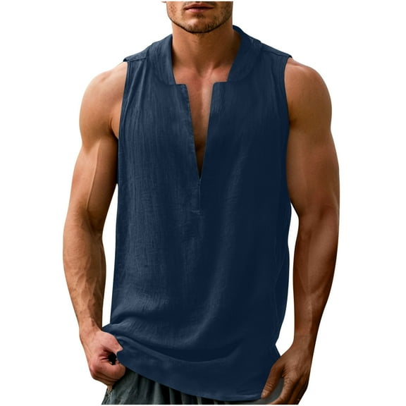 Besolor Mens Cotton Linen Sleeveless T-Shirts Collared Summer Tank Tops Casual Loose Beach Vacation Shirts