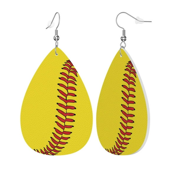 Faux Leather Teardrop Earrings Softball Baseball Printed Dangle Earrings Lightweight Drop Earrings