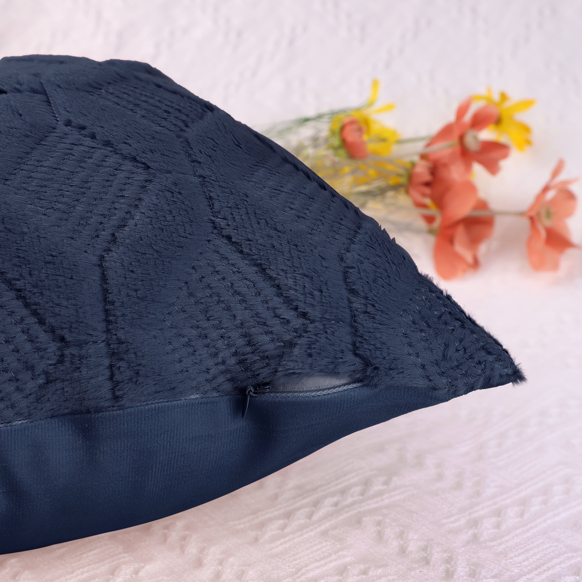 Unique Bargains 4 Pcs Solid Soft Short Plush Pillow Covers Home Decor Dark Blue/Yellow 18" x 18"