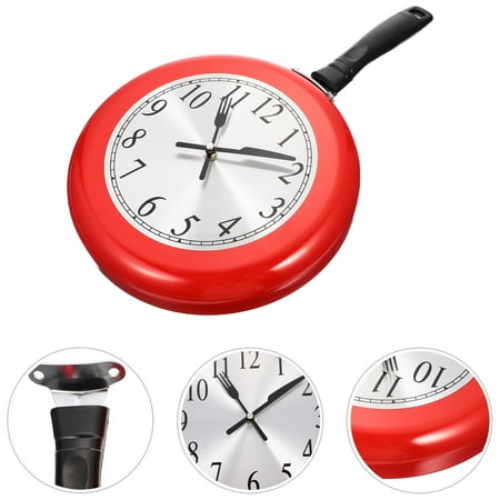 LOLIPPYY 1Set Stainless Steel Red Wall Clock Frying Pan Model Mute Design Hanging Wall Clock