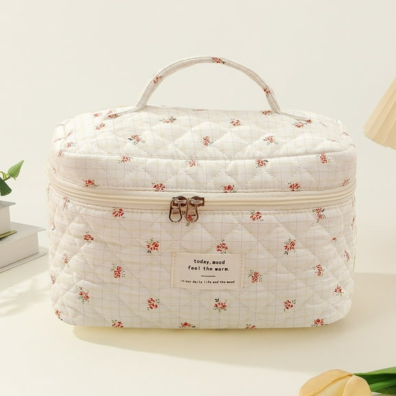 Elegant Floral Quilted Makeup Organizer Spacious Travel Cosmetic For Women Durable Toiletry Bag With Zipper Closure Stylish Design