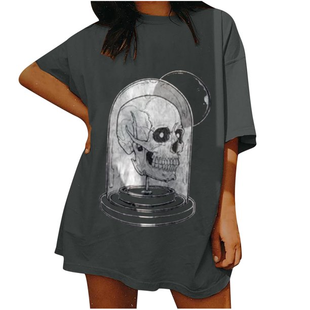 Top de manga corta suelto con estampado de calavera Retro desgastado y hombros caídos para mujer Pompotops hfajkhk125573