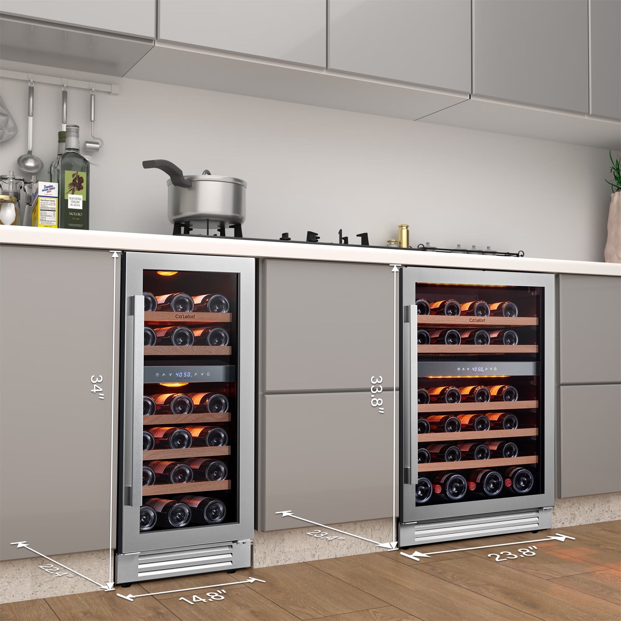 Ca'Lefort 24 inch Wine Fridge and 15 inch Wine Cooler  ,74 Bottle Dual Zone Wine Refrigerator,Freestanding & Built-in with Stainless Steel frame for Kitchen Office