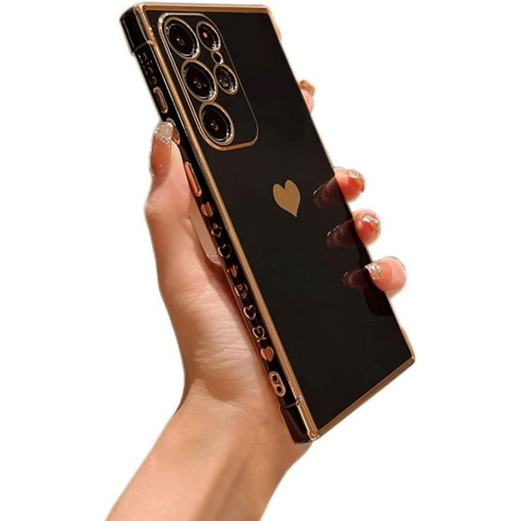 Compatible with Galaxy S22 Ultra Case Camera Lens Protection Luxury Plated Love Heart Cute Side Small Pattern Airbag Shockproof Cover Phone Cases for Samsung Galaxy S22 Ultra 5G 6.8"-Black