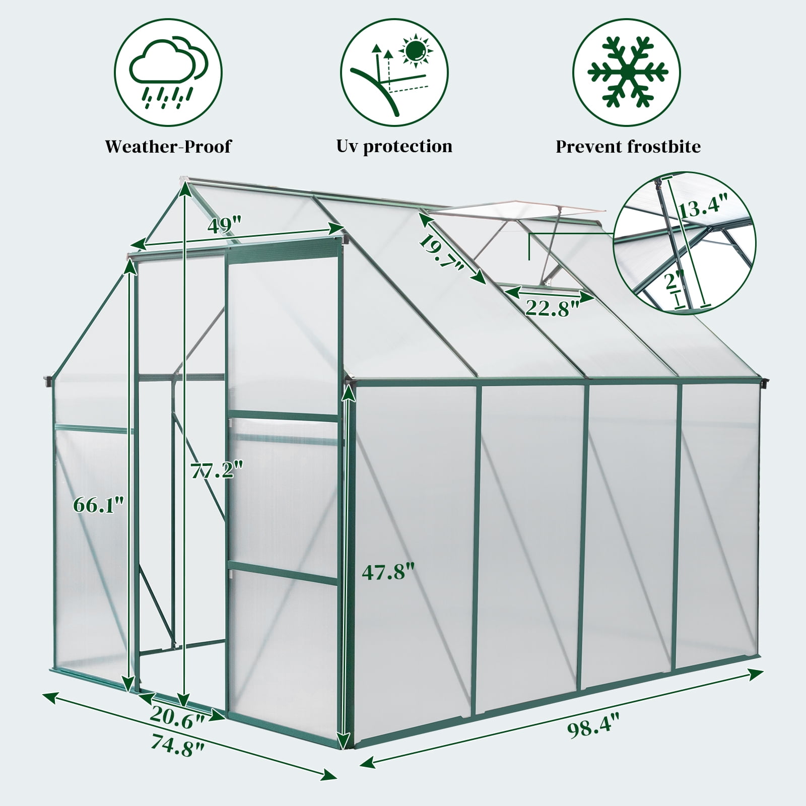 UBesGoo Garden 6x8ft Hybrid Polycarbonate Greenhouse for Garden Green