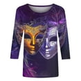 thumbnail image 4 of YUGYXL Deals Womens Plus Size 3/4 Sleeve Shirts Trendy Mardi Gras Colorful Mask Printed Comfy Tshirts Summer Crew Neck Lightweight Loose Clothes Ladies Tunic Fit Tees Party Tops, 4 of 5