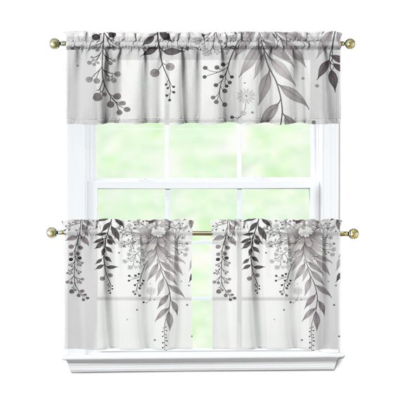 Grey Plant Leaves Kitchen Curtains and Valances Set-3 Piece Kitchen Curtains Sets with Valance for Windows Rod Pocket Machine Washable Kitchen Decor(54"x18" 2x27.5"x24")