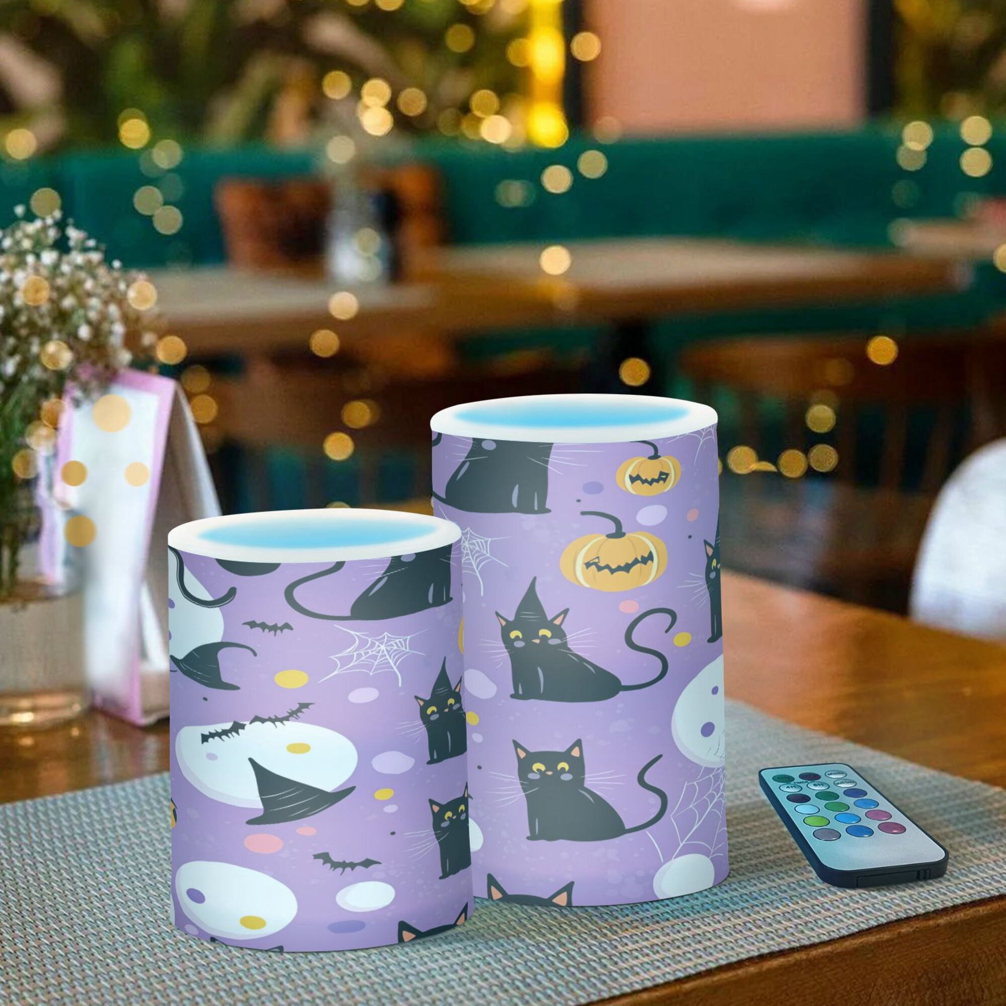 Yayeee Flameless Candles with Remote Flickering Battery Operated Multi Color Changing, Purple Halloween Pattern