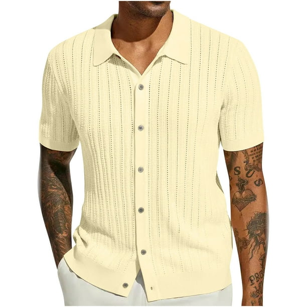 Blusa de Manga Corta de los Hombres Turndown Collar Botón Superior, Ligero Y Casual Mangas de Mano para los Hombres