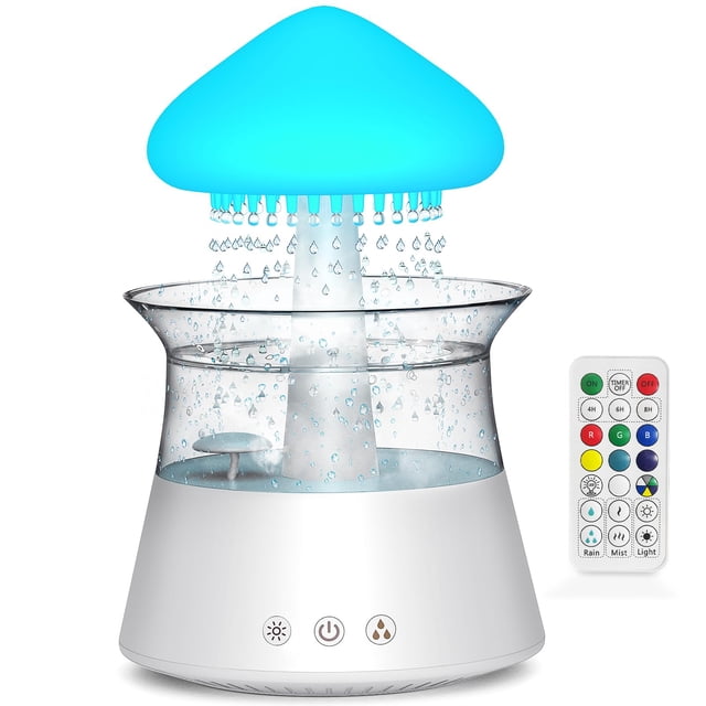 Diffuserlove Rain Cloud Humidifier Diffuser Water Drip Humidifier with Remote Waterfall Lamp Mushroom Humidifier Rain Sounds White Noise Humidifier A