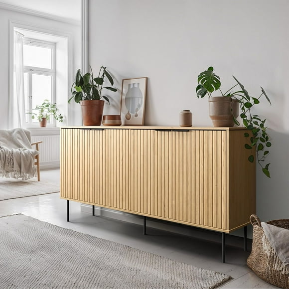 Corliving Lysander Fluted 4 Door Sideboard Buffet Cabinet, Sideboard Storage Cabinet, Accent Sideboard for Dining Room, Living Room, Light Brown