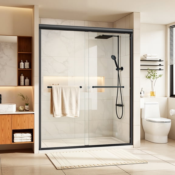 YOKWOK 56-60" W x 72" H Adjustable Sliding Shower Door, 1/4" (6mm) Clear Tempered Glass, Reversible Double Sliding Glass Shower Door, Dry-Wet Separation Design for Bathroom Use, Black