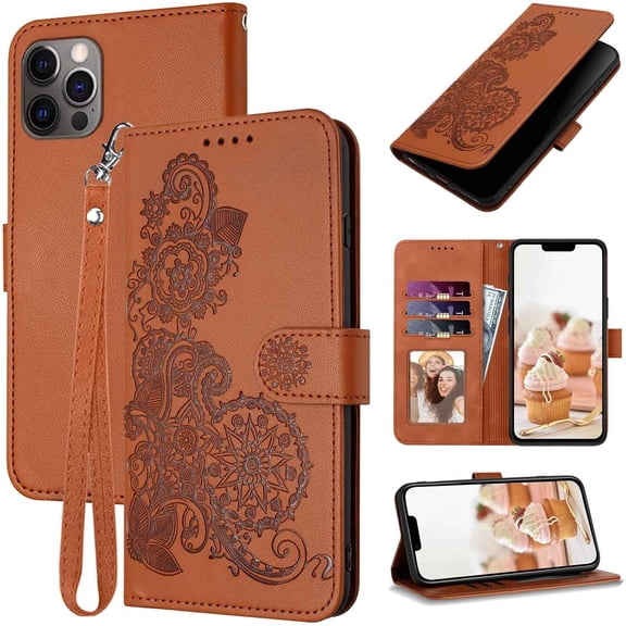 for iPhone 13 Pro Max Case Wallet,13 Pro Max Flip Cases,Card Holder Cute Floral Leather Kickstand,Wrist Strap,Magnetic Closure,Shockproof Protective Cover for iPhone 13 Pro Max (Brown)