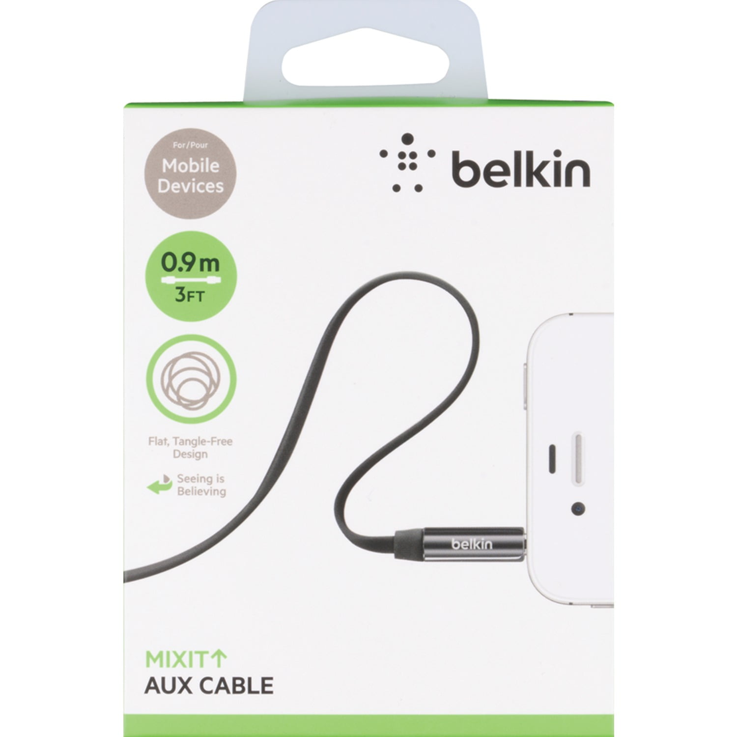 Belkin MiXiT Tangle-Free Flat 3.5mm Aux Cable, 3 ft Cord, Black