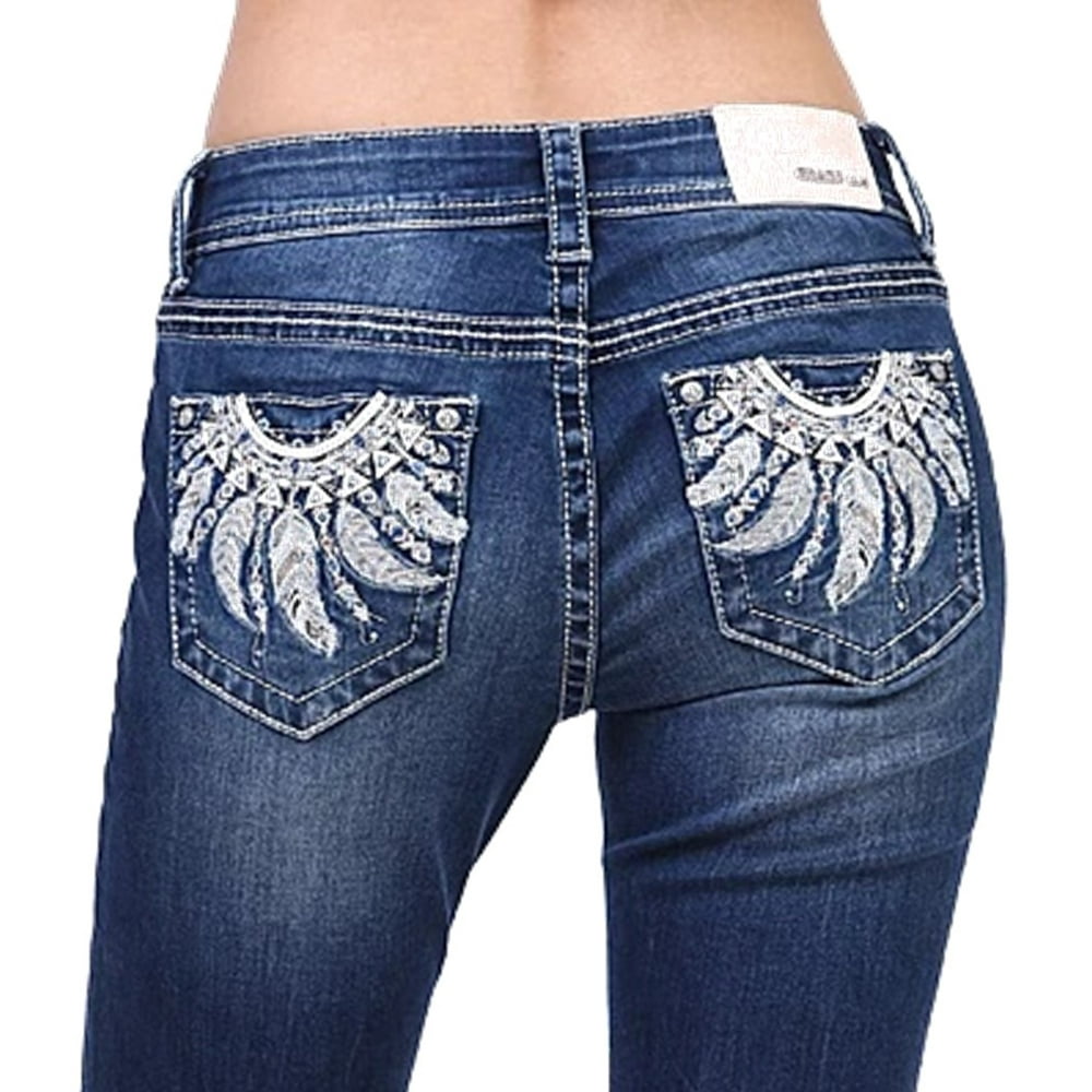 Grace in LA Women's Feather Embellished Embroidered Bootcut Stretch ...