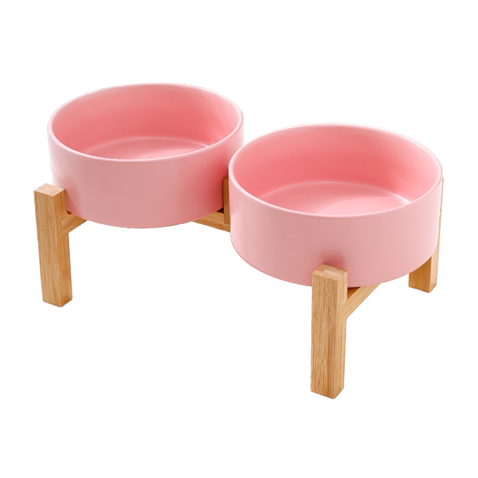 Ceramic Pet Double Bowl Dish Set with Wood Base Small Dog and Cats Feeding Station NonSpill Design for Home Use