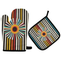 Yayeee Oven Mitts and Pot Holder Set of 4 Heat Resistant Kitchen Gloves Baking Hot Pad, Geometric Stripes