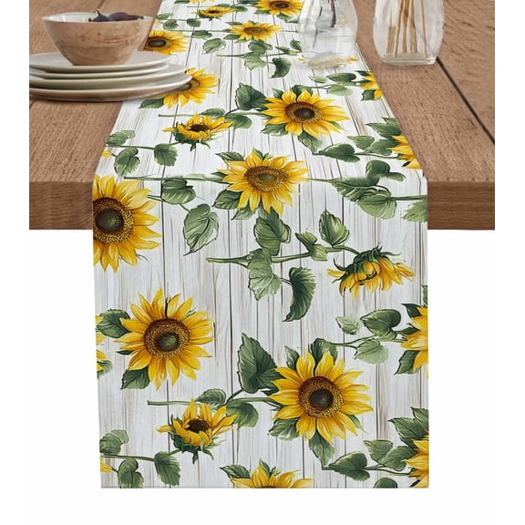 ERUNPONLY Yellow Sunflowers Table Runner - 108 Inch Long Farmhouse Pastoral Wooden Plank Art Cotton and Linen Blended Dress Scarves Farmhouse Table Runner for Kitchen Dining, Coffee Table, 13" x 108"