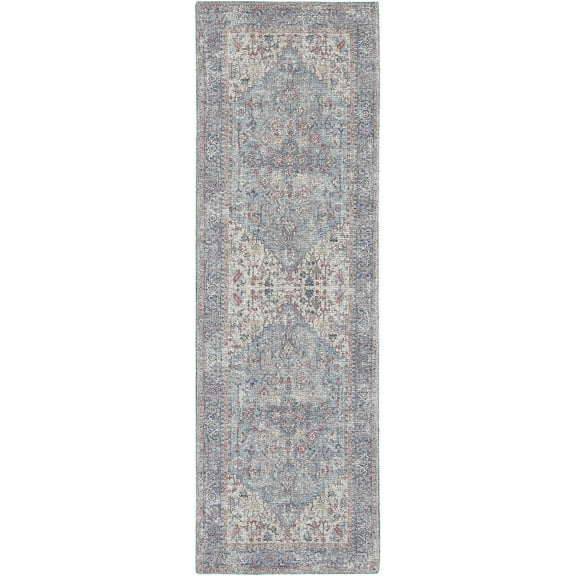 Nicole Curtis Machine Washable Traditional Boho Blue/Multi 2' x 6' Area Rug, (2' x 6')