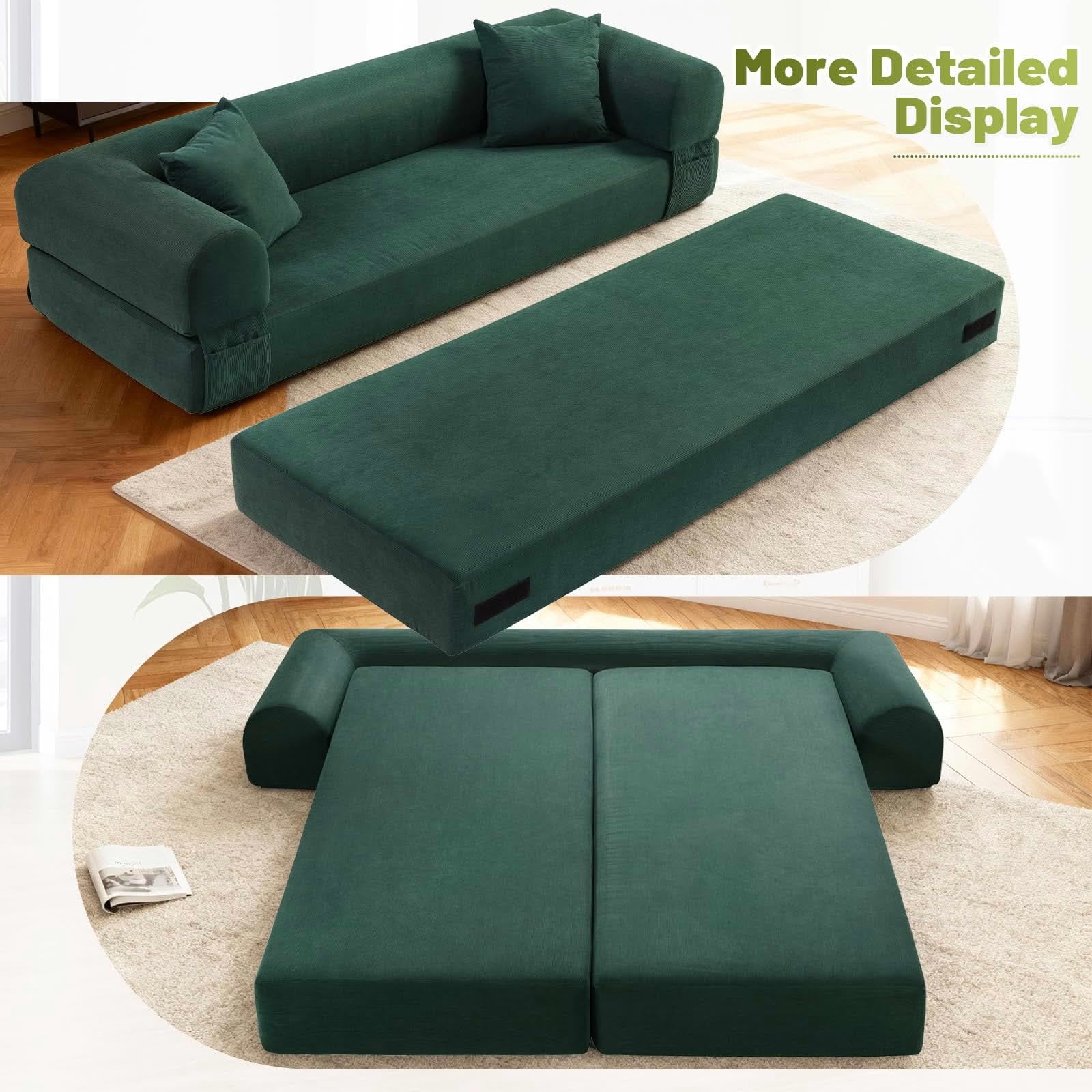 MAYEERTY 80" Dark Green Corduroy Convertible Sofa Bed, 600lbs Queen Size Fold Out Sleeper Couch with Storage & No Assembly for Living Room