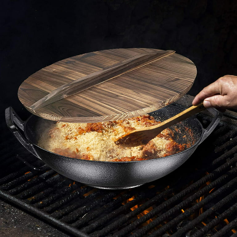 Bruntmor 14 Inch Pre-Seasoned Cast Iron Wok/ Pot. 14 Nonstick Skillet Pan  With Large Loop Handles & Flat Base & Lightweight Wooden Pot Lid Cover.  Cooking Ware For Kitchen/ Indoor/ Outdoor Camping.