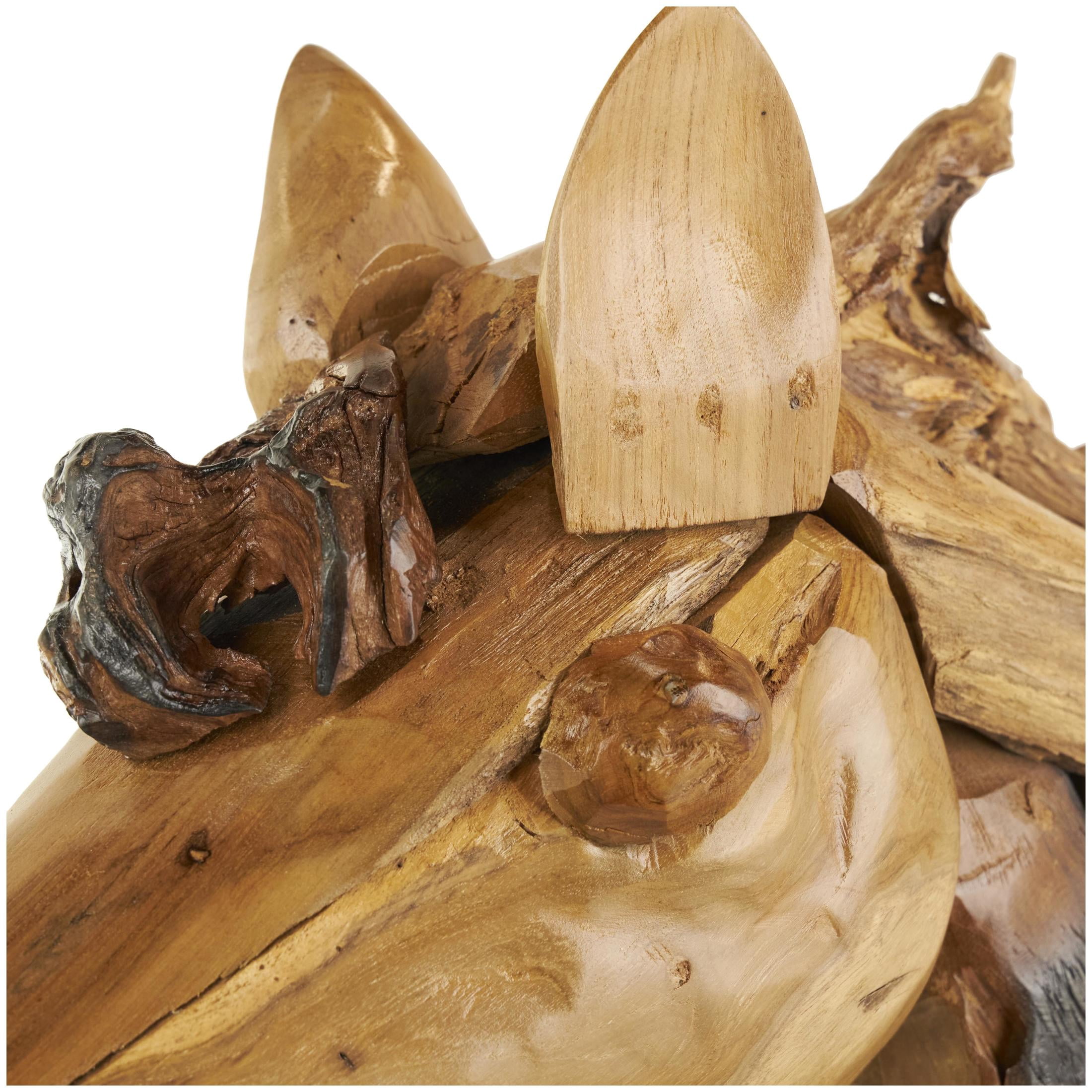 31" x 33" Brown Teak Wood Handmade Horse Sculpture, by DecMode