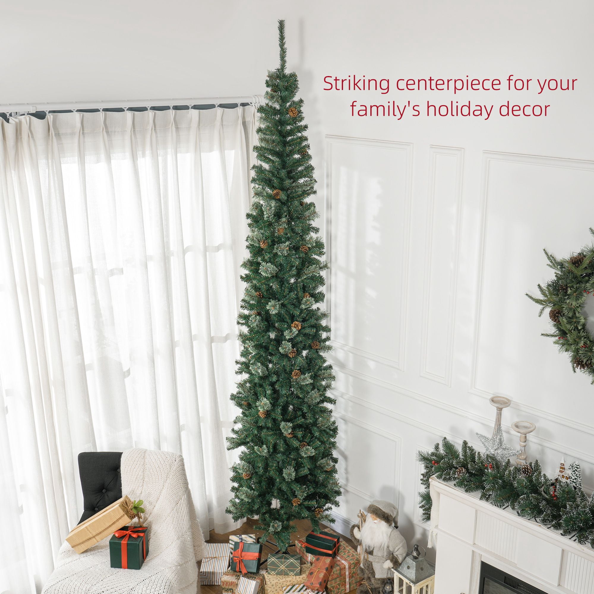 9.5 ft Pencil Christmas Tree, Slim Artificial Xmas Tree with Realistic Branches, Pine Cones and Metal Base, Unlit Holiday Decoration for Indoor Spaces